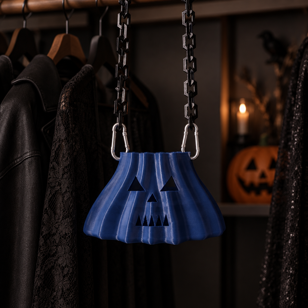 Navy pumpkin-shaped bag with black chain details displayed in a costume wardrobe