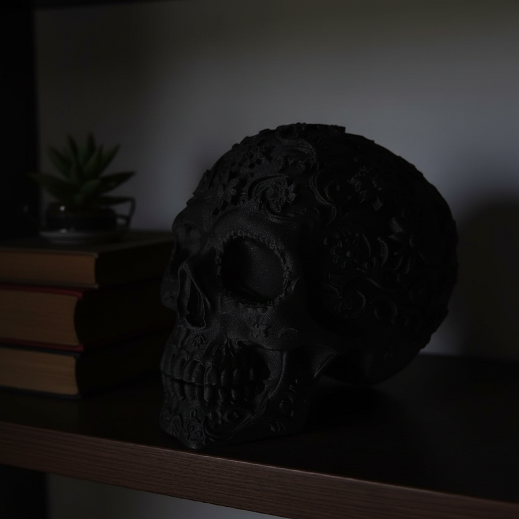 Close up detail of matte black Mexican skull showing intricate floral baroque relief in dramatic side lighting