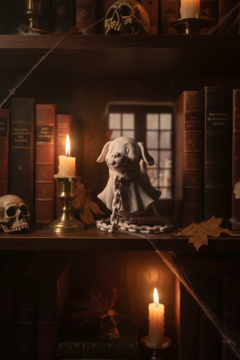 Ghost dog miniature figurine unpainted resin sad puppy face floppy ears dark wooden bookshelf hardcover books candlelit Halloween library portrait