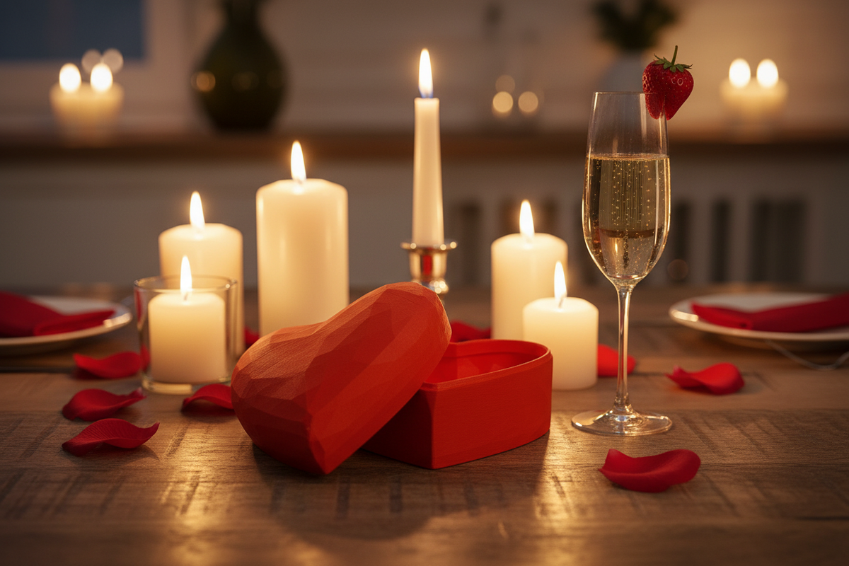 Heart-shaped gift box on romantic dining table with candles and champagne