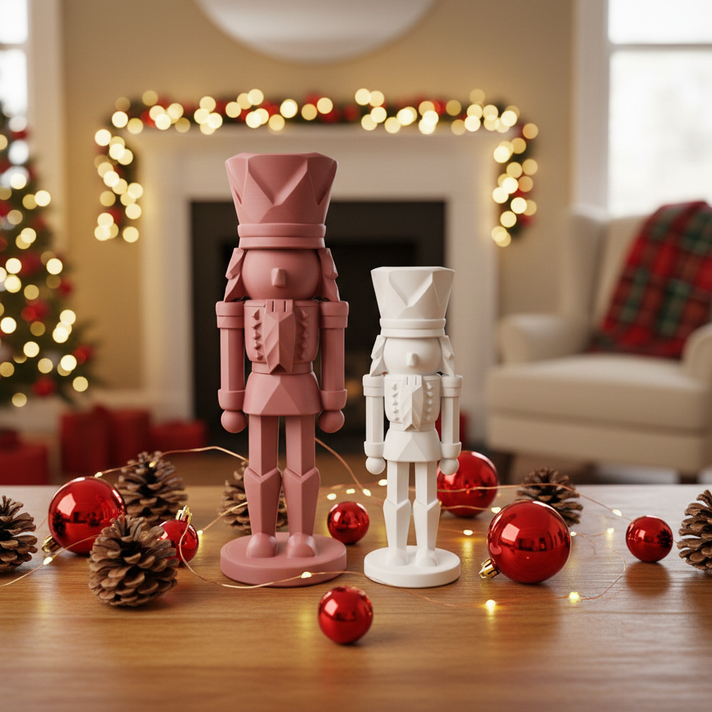Two nutcrackers in dusty rose and white on mantelpiece with pine cones and baubles lifestyle