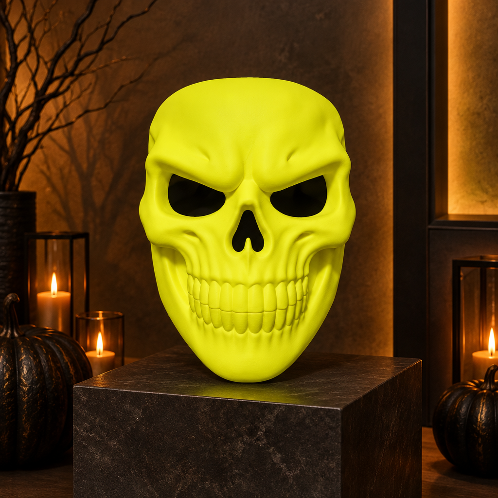 Neon Yellow Grinning Skull Mask displayed on a dark stone pedestal.