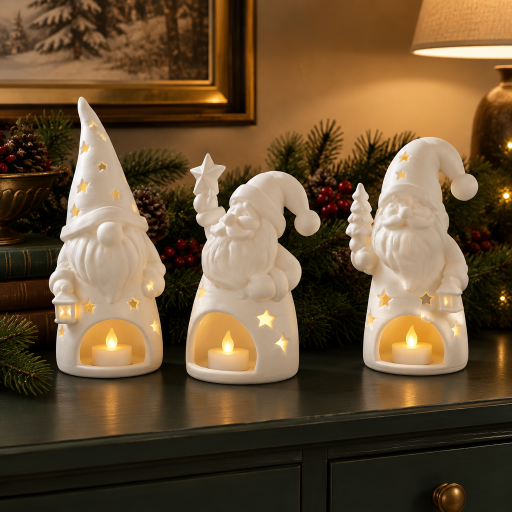Santa and gnome tealight holders arranged on a dark green sideboard with festive foliage