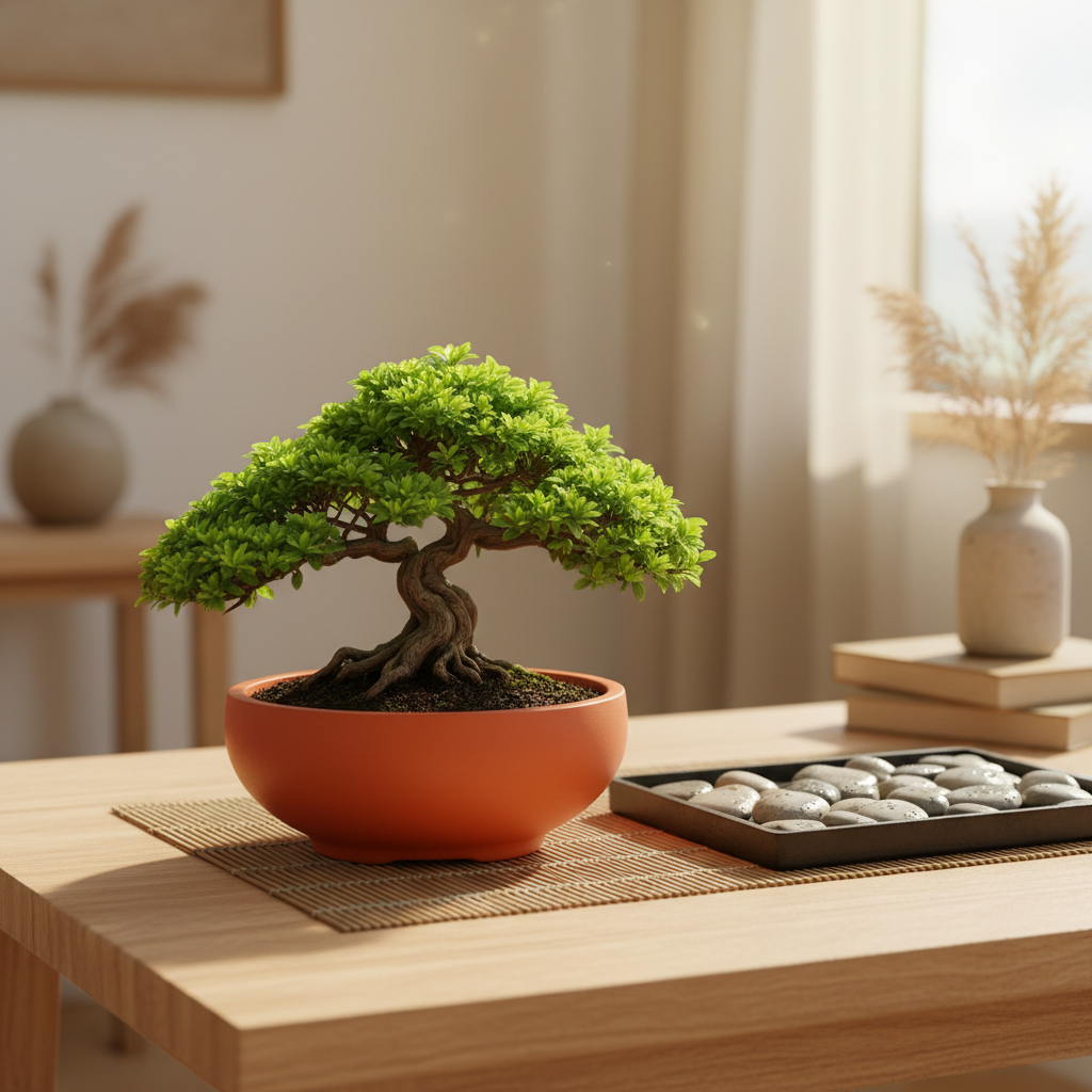 Terracotta orange minimalist bonsai pot with bonsai tree on wooden table, warm boho lifestyle