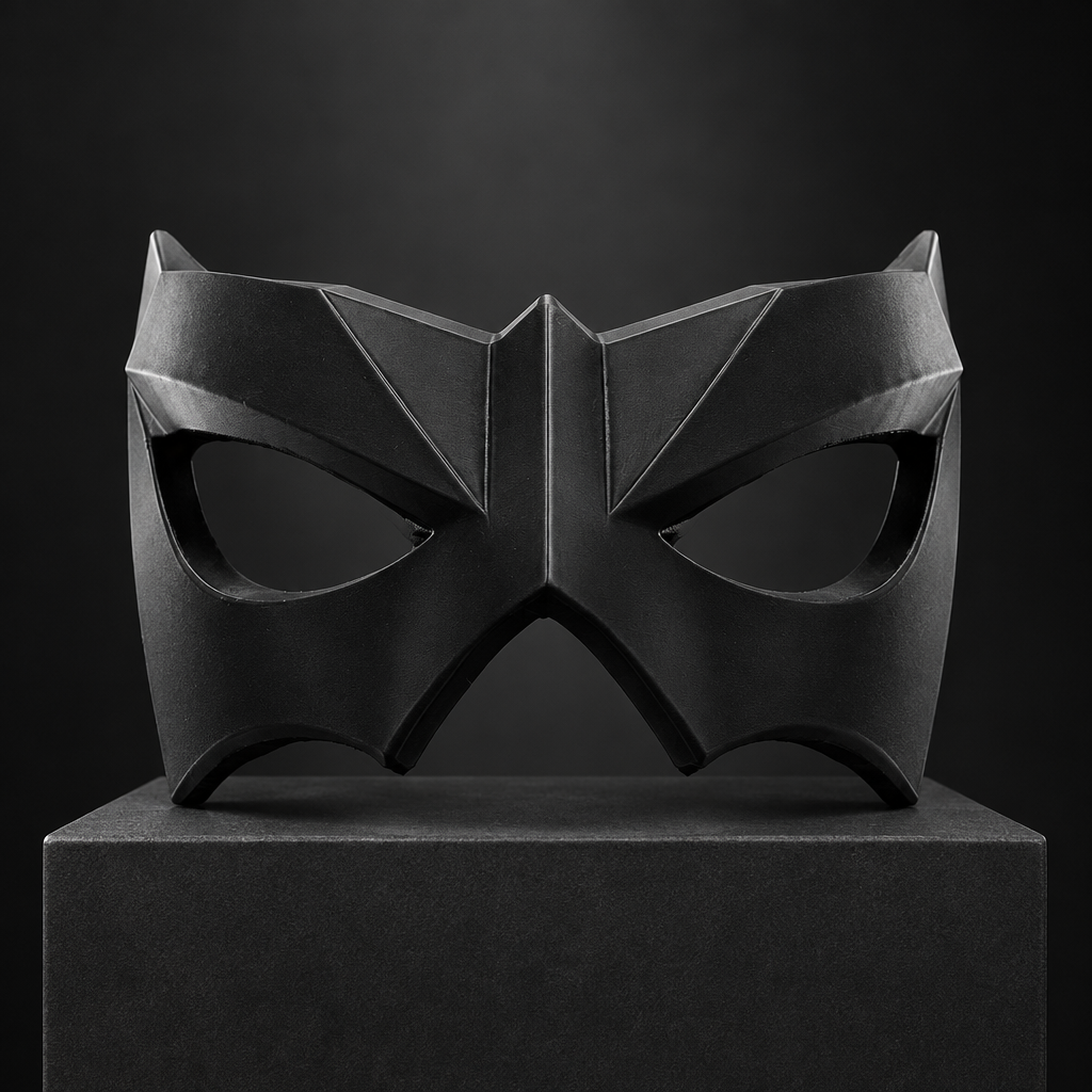 Matte black angular Shadow Sentinel mask on a display plinth, strap not included