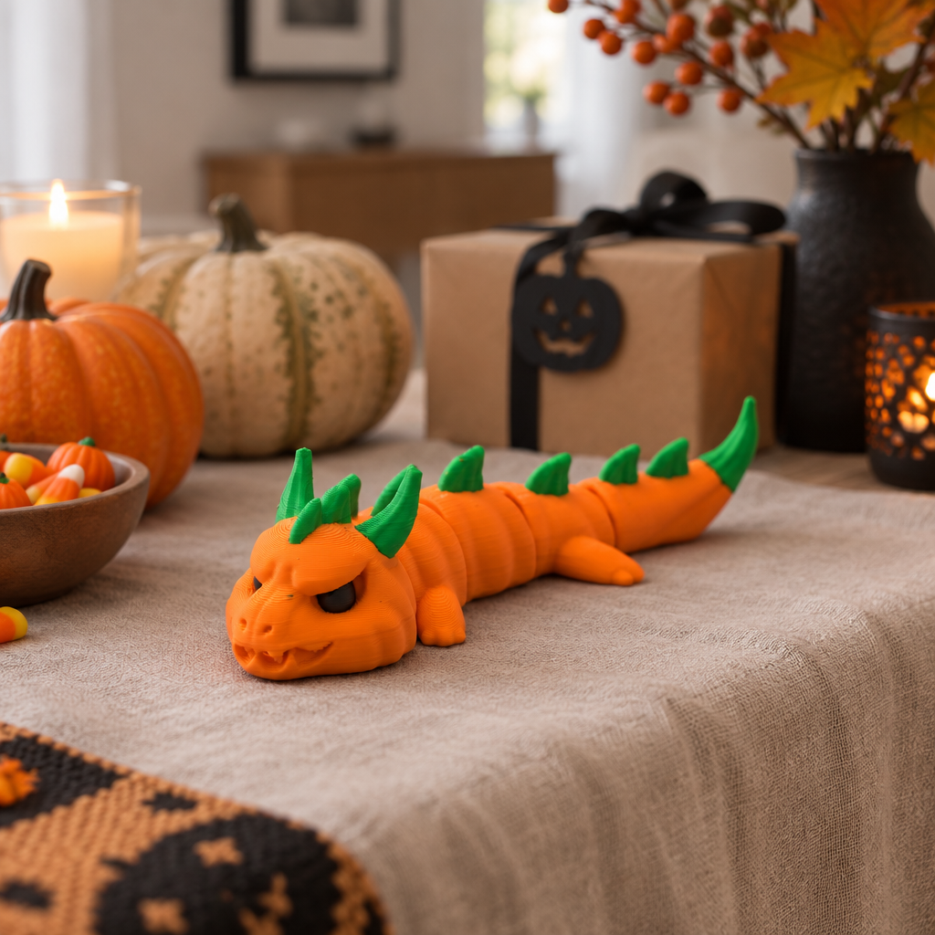 Pumpkin dragon on a Halloween gift table