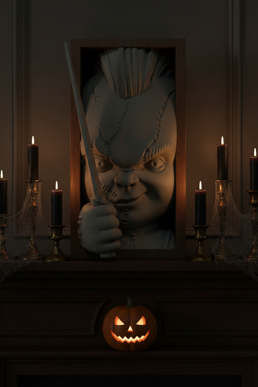 Chucky book nook relief sculpture grey framed box dark oak mantelpiece black pillar candles brass holders cobwebs carved glowing pumpkin dramatic Halloween candlelight interior portrait
