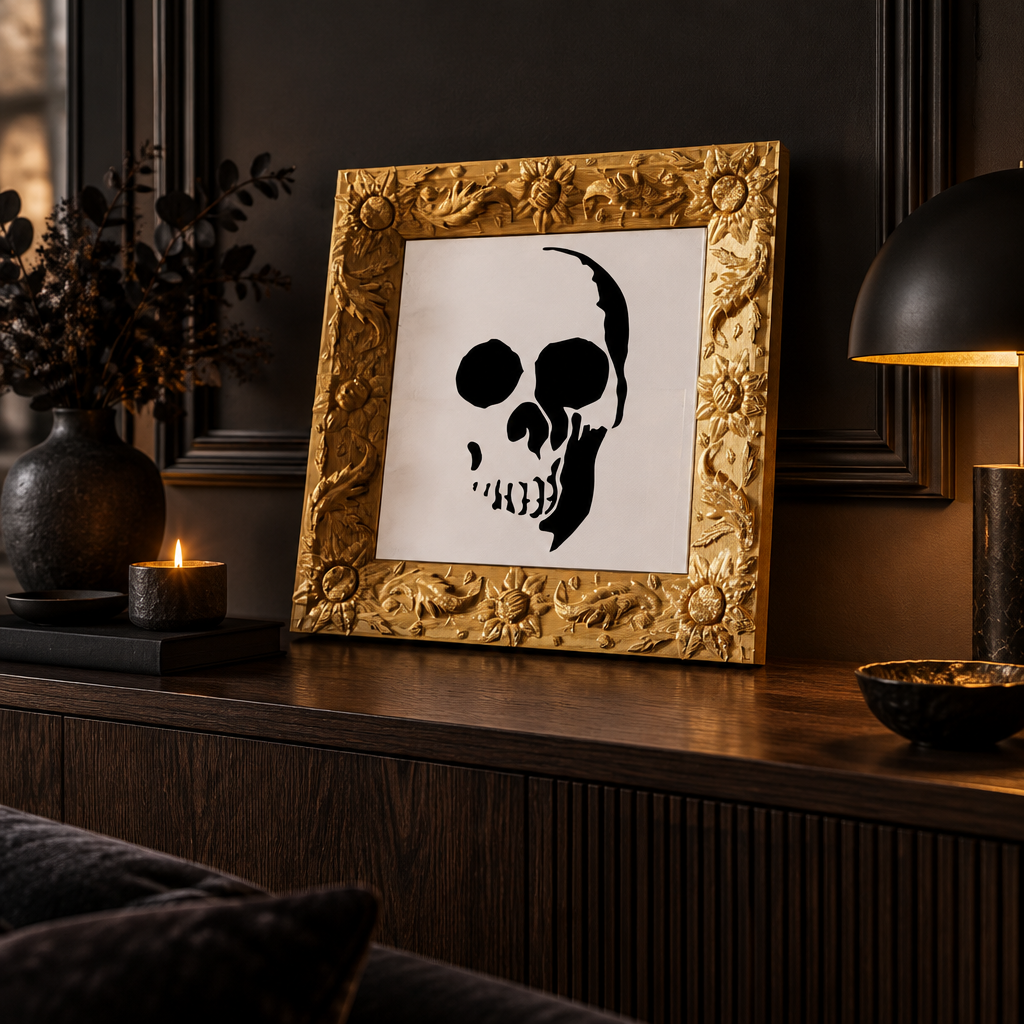 Picture Skull displayed on a dark console in a gothic living room