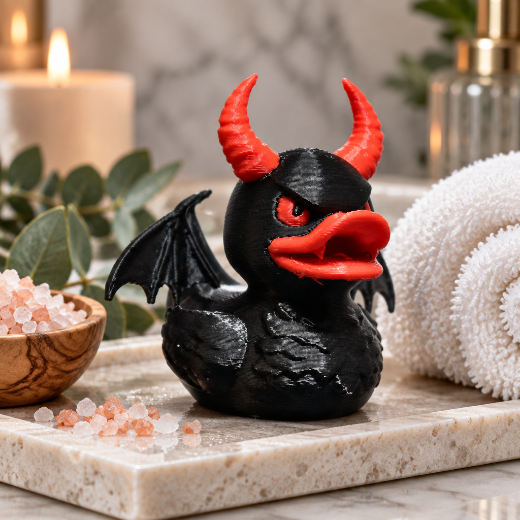 Black-and-red devil bath duck styled on a pale stone tray with spa accessories
