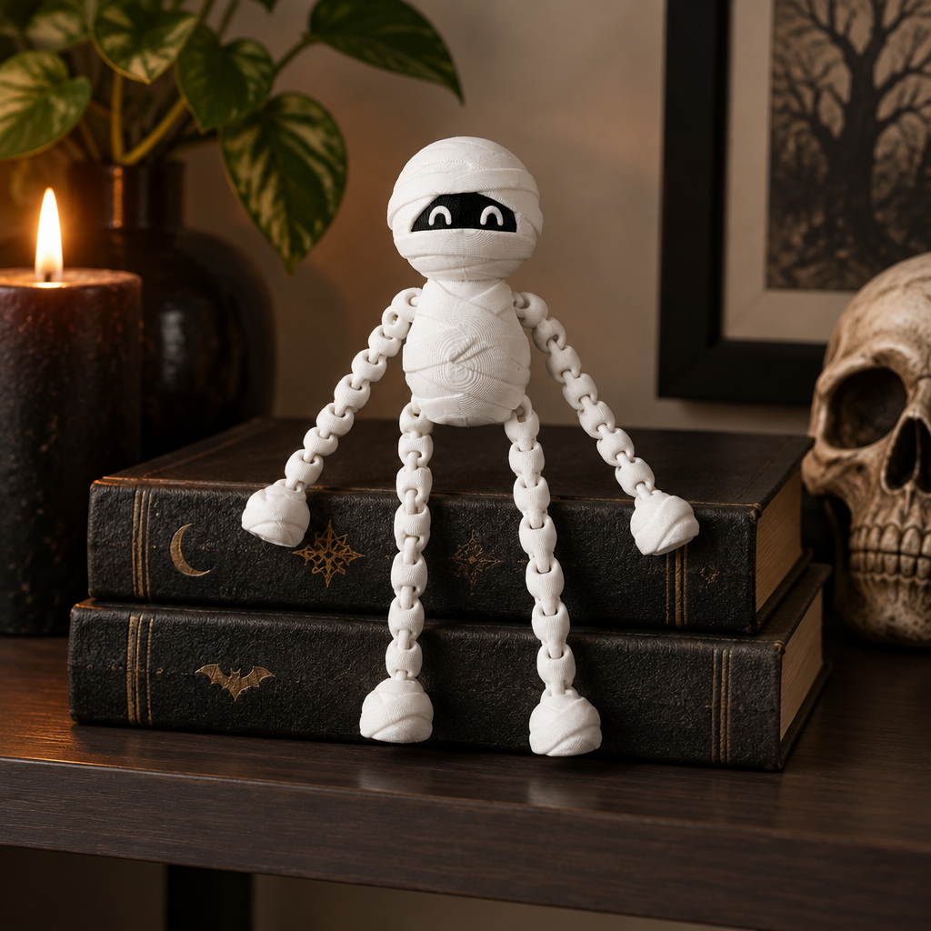 White linked-limb skeleton fidget posed on dark books