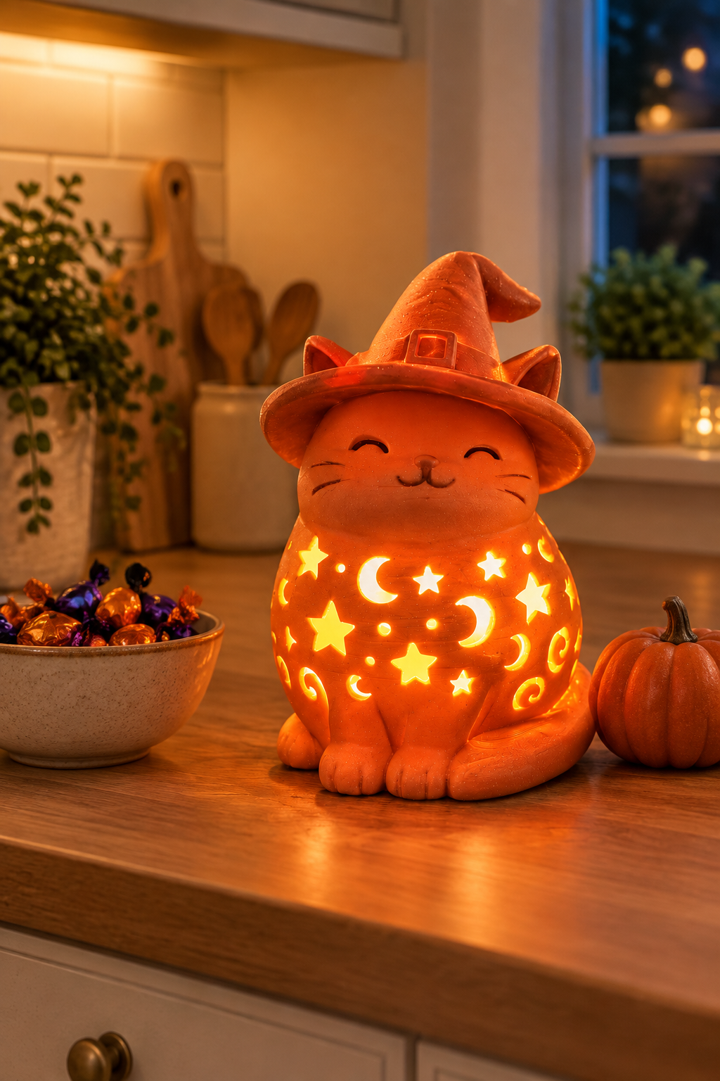 Orange witch-hat cat lantern glowing on an autumn mantel in a modern living room