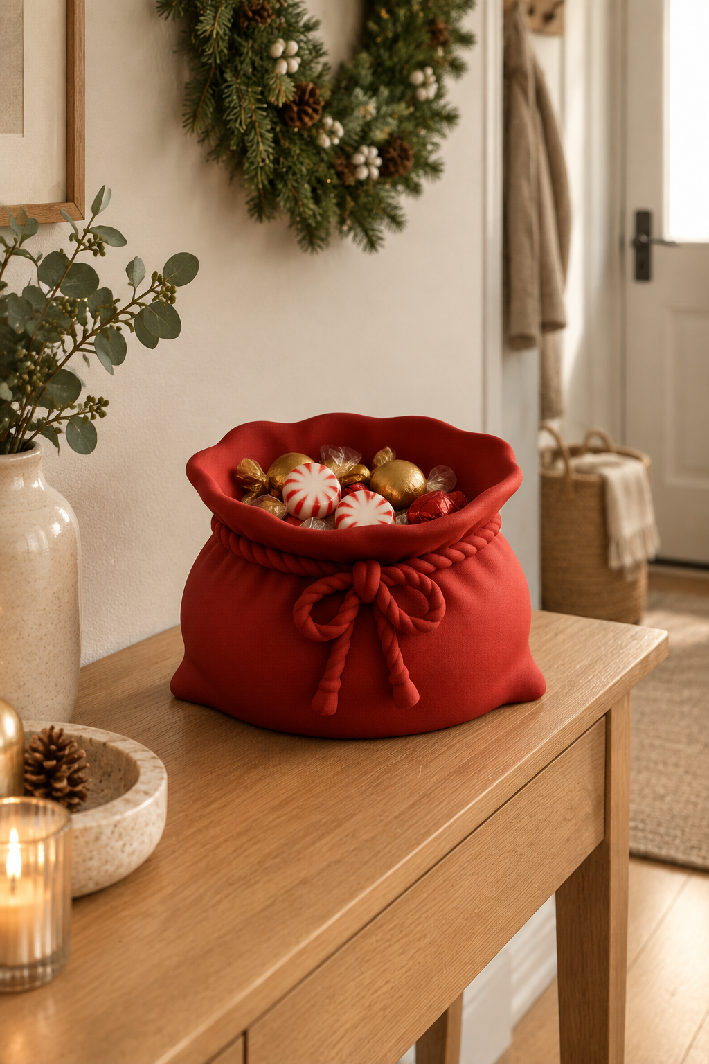 Red sack sweet bowl on an entryway console beside festive decor