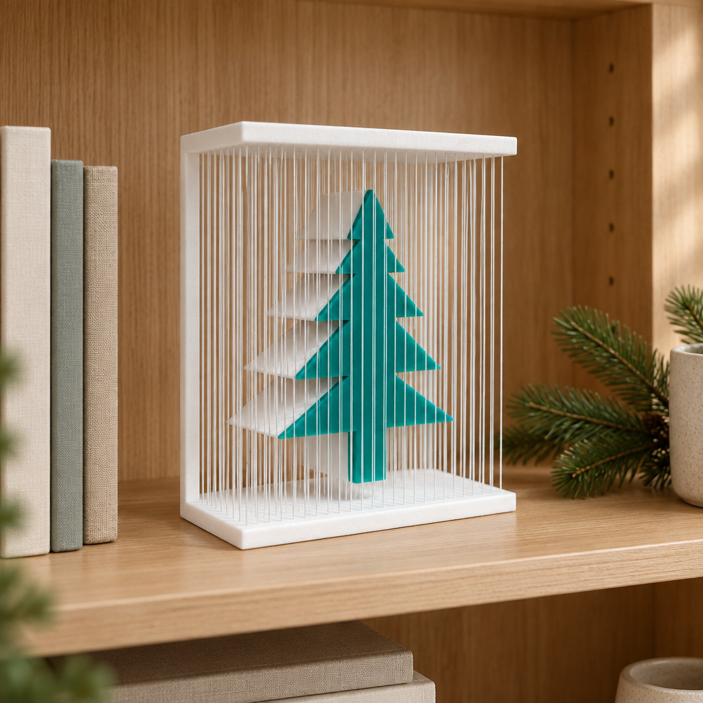 Teal-green Christmas tree inside a white strand frame, styled on a light oak bookcase shelf.