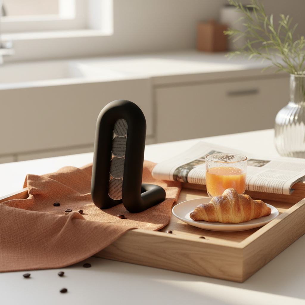 Black wibble coffee pod holder on terracotta linen tray with croissant orange juice and newspaper warm morning lifestyle