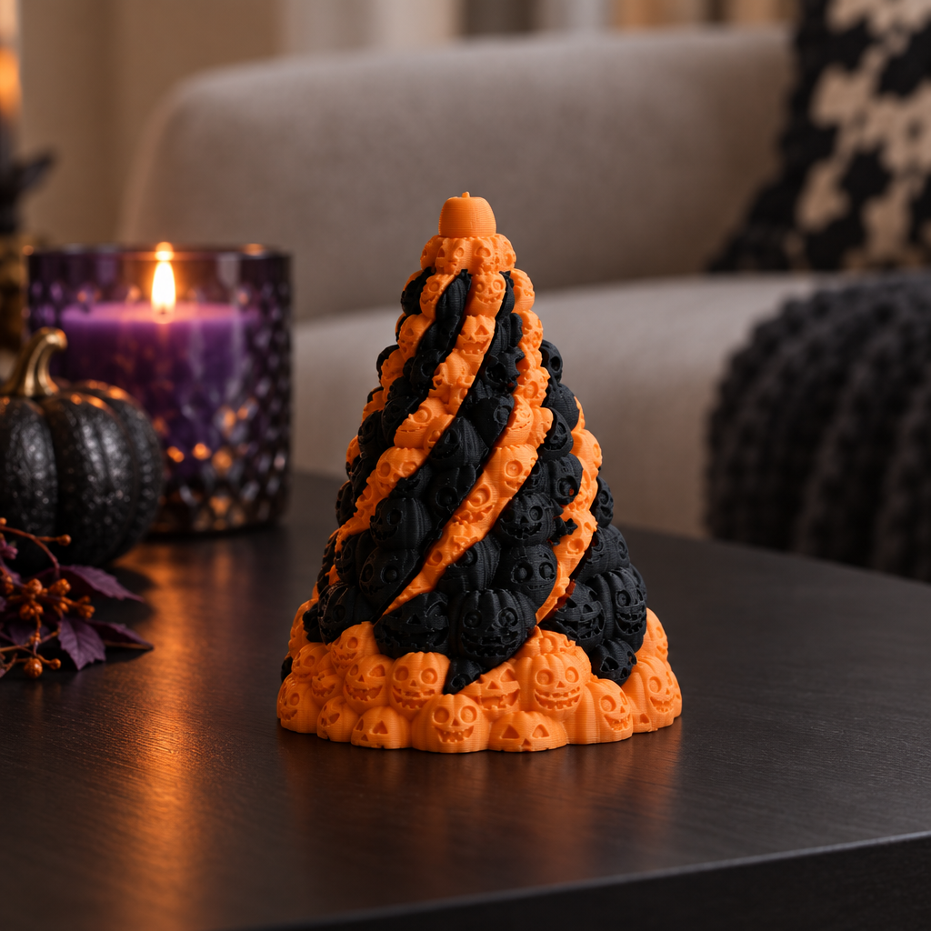Orange and black Skull Mountain fidget on a dark coffee table