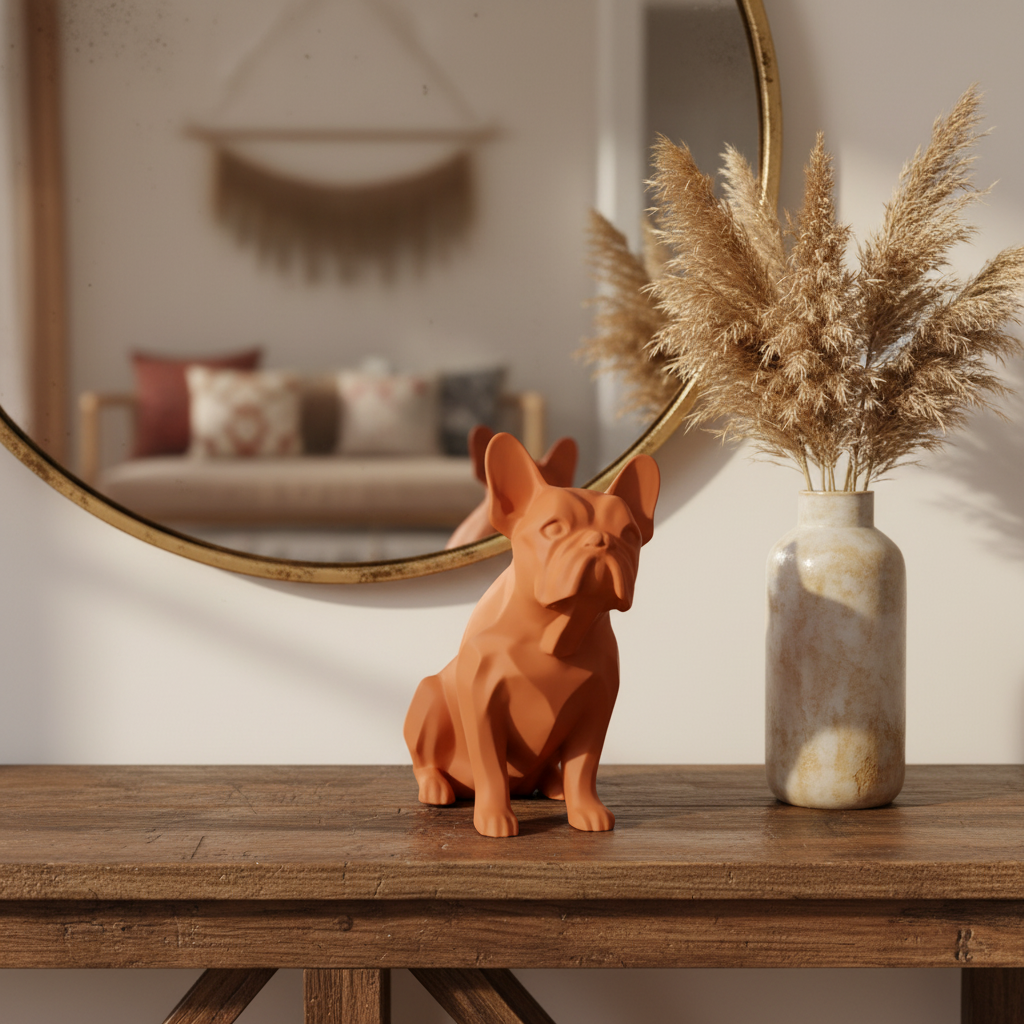 Terracotta orange Frenchie Sculpture on a rustic entryway console table with pampas grass