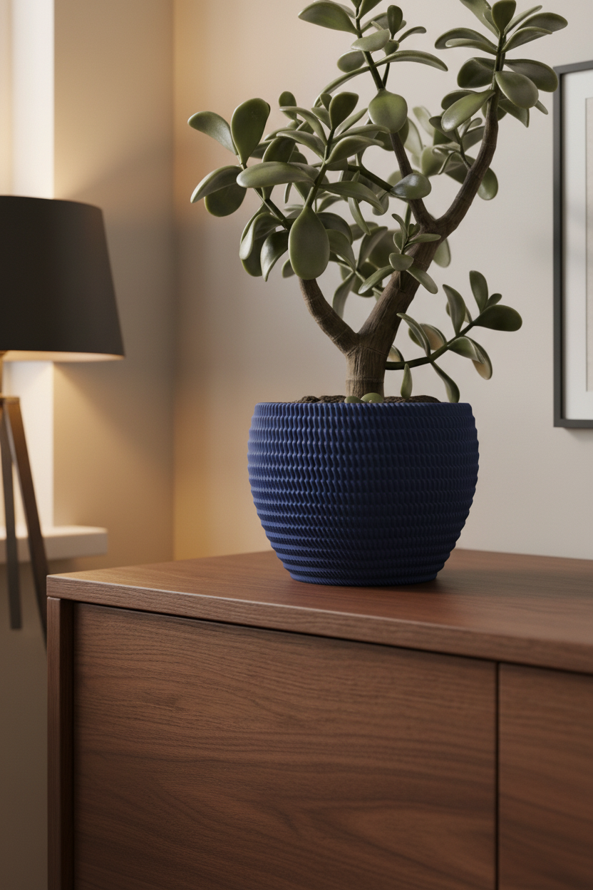 Navy geometric planter with jade plant on walnut sideboard - lifestyle