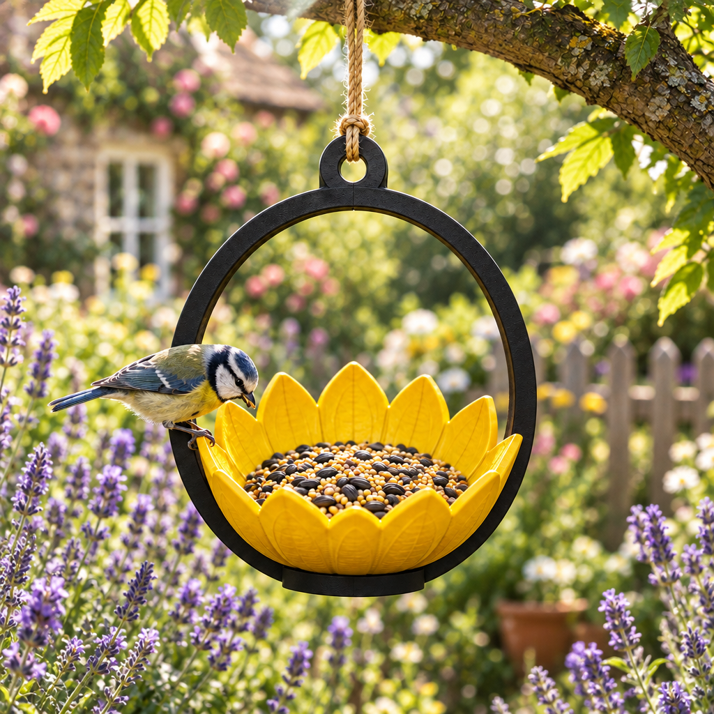 Sunflower bird feeder in cottage lavender garden