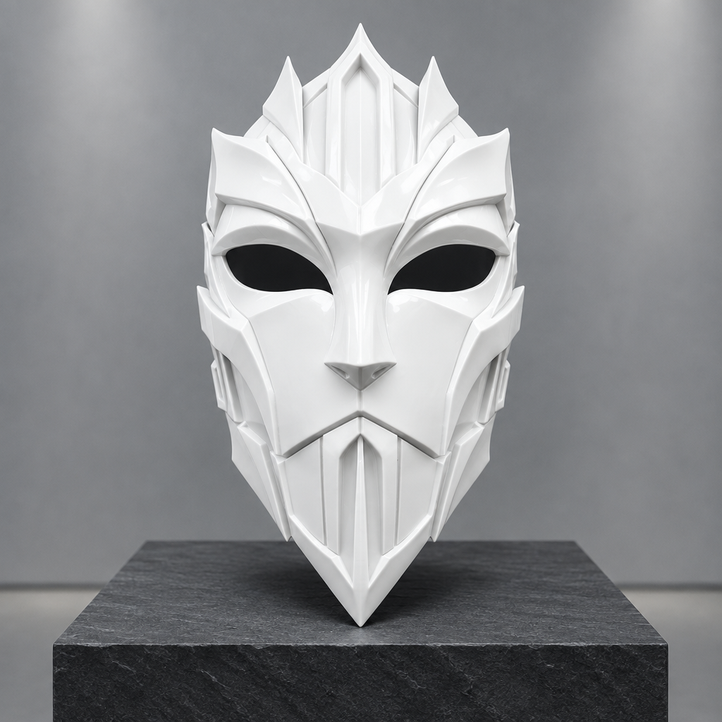 White Cathedral Knight mask displayed in a contemporary gallery, no strap included