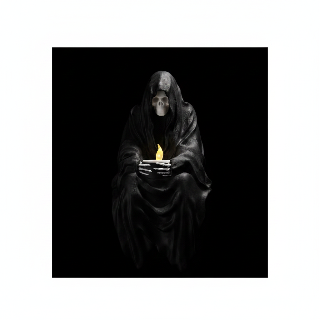 Grim Reaper shelf sitter figurine white matte extreme close up macro hooded skull face skeletal hands holding glowing candle flowing robes pure black studio split raking light sharp sculptural shadow square editorial