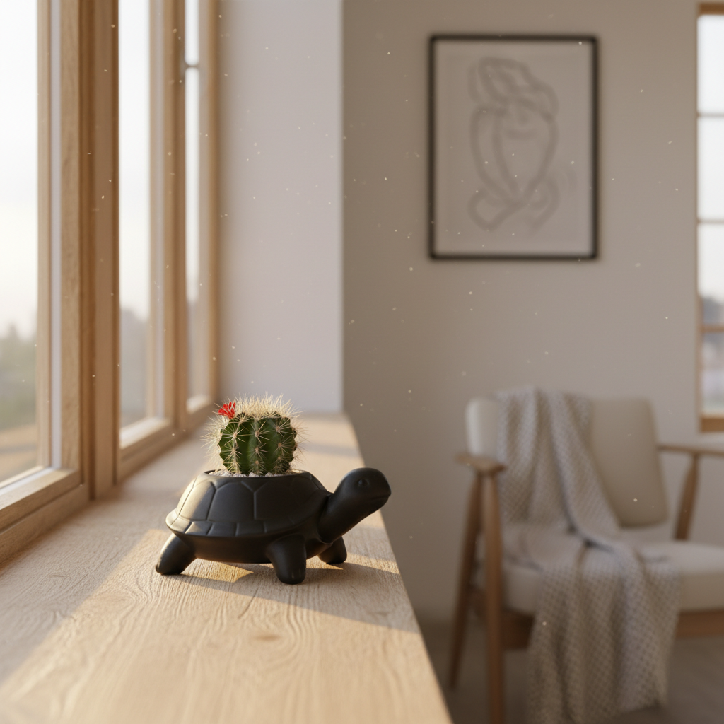 Matte black turtle planter with a tiny cactus on a sunny windowsill