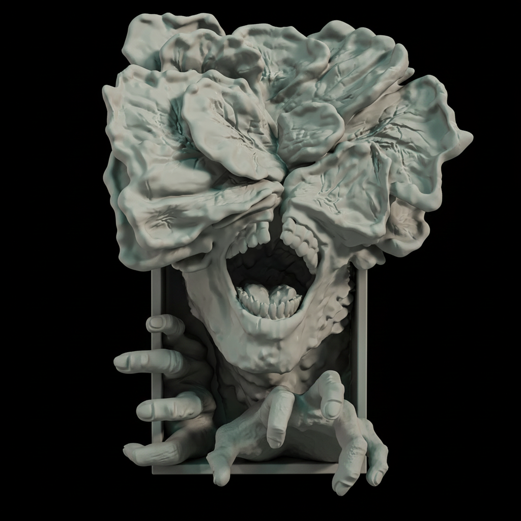 Stranger Things Demogorgon book nook relief sculpture grey framed box extreme close up macro massive multi-petalled flower head deeply folded fleshy lobes wide gaping screaming mouth individual teeth both hands grasping pure black studio split raking light sharp sculptural shadow square editorial