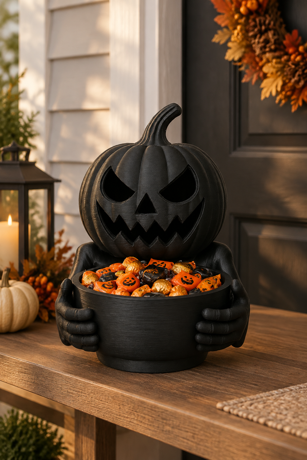 Black pumpkin holding a tray of Halloween sweets on an autumn front porch
