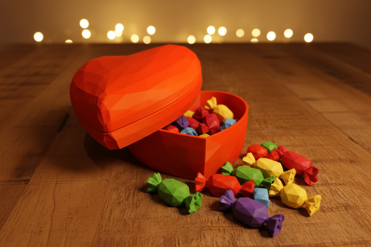 Heart-shaped gift box open with sweets on rustic wooden table with fairy lights
