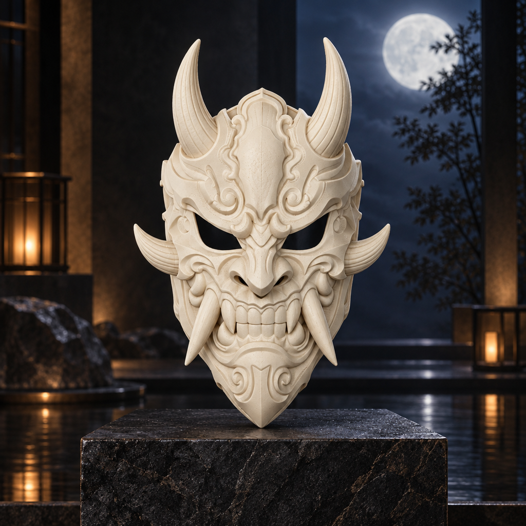 Uniform beige Oni Demon Mask on a dark stone pedestal in a moonlit gallery.