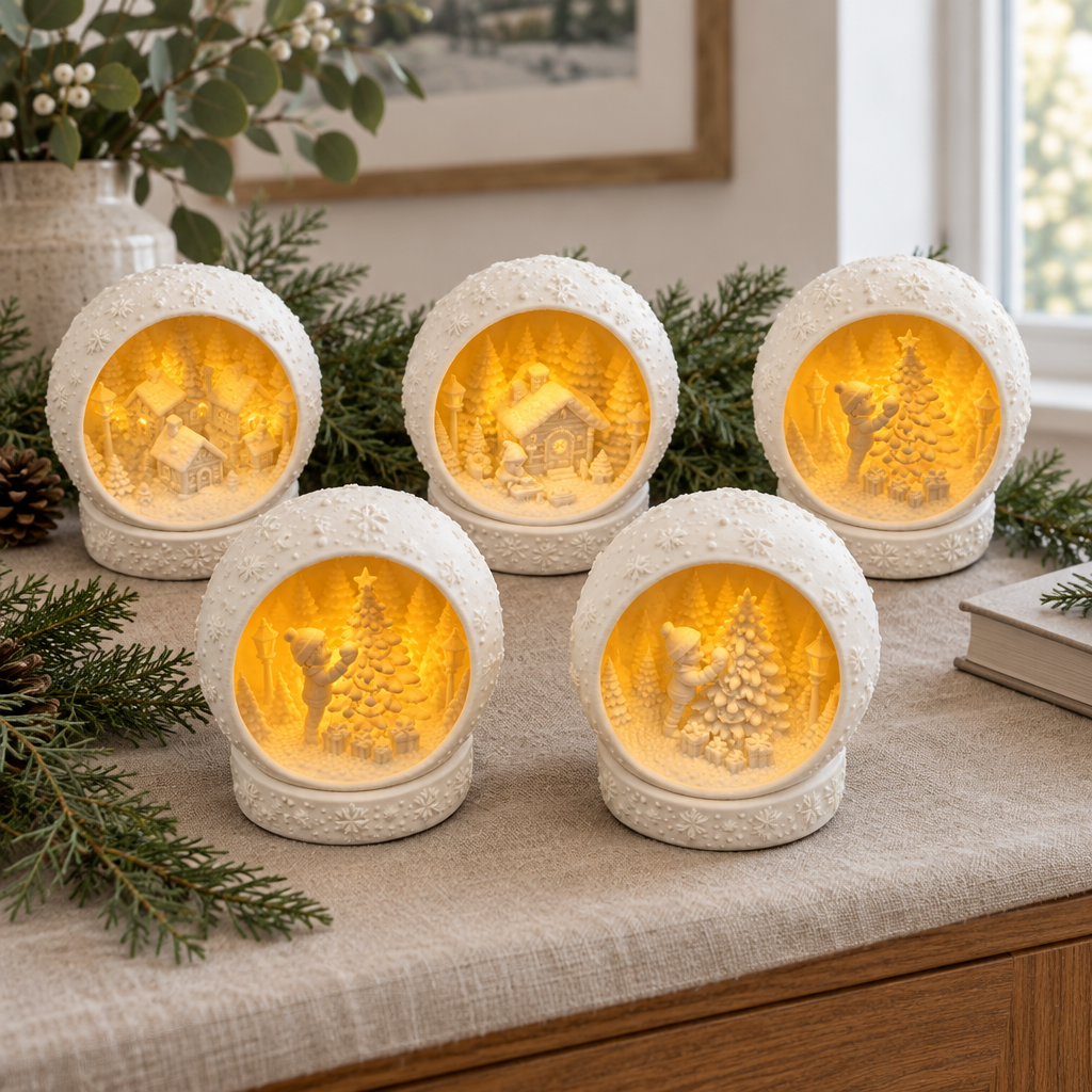 Five white Christmas scene tealight holders styled together on a linen-covered sideboard.