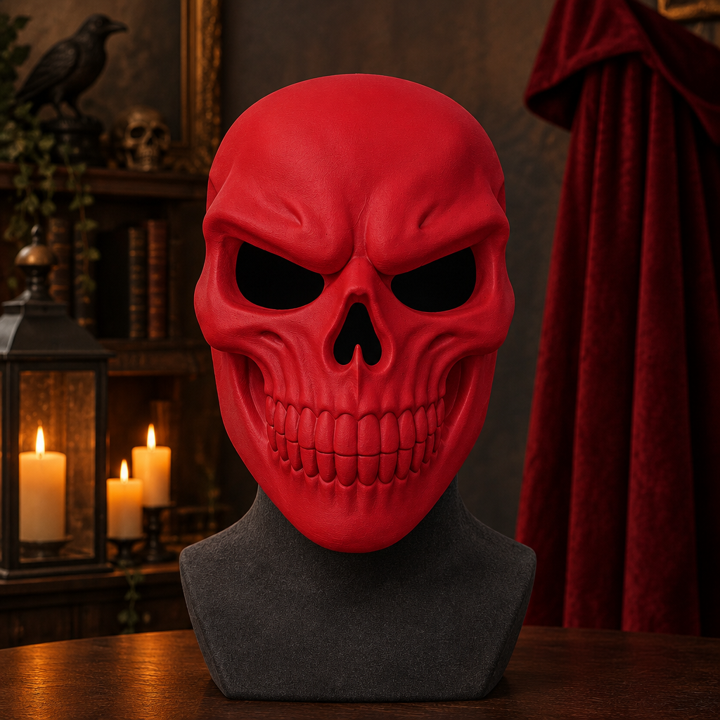 Red Grinning Skull Mask on a bust in a dramatic costume display setting.
