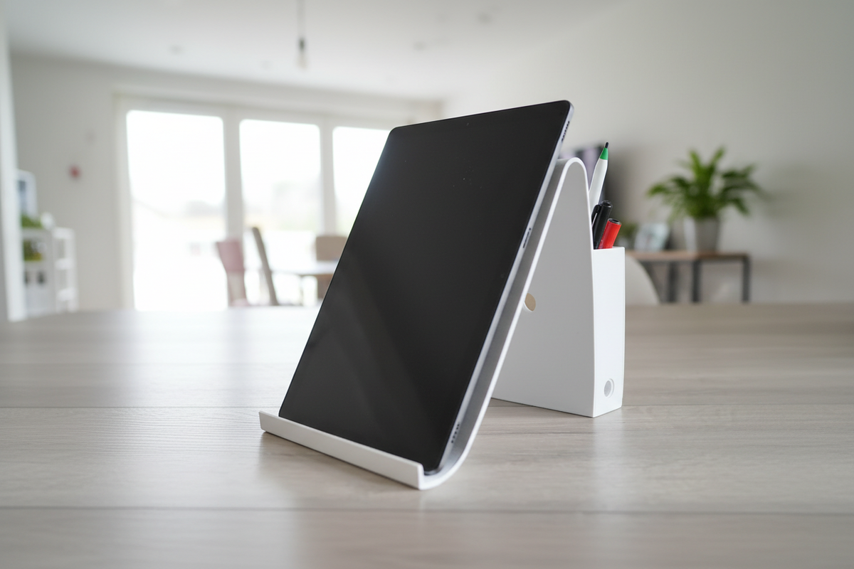 Tablet Stand With Pen Holder on a minimalist wooden desk holding a tablet in a home office