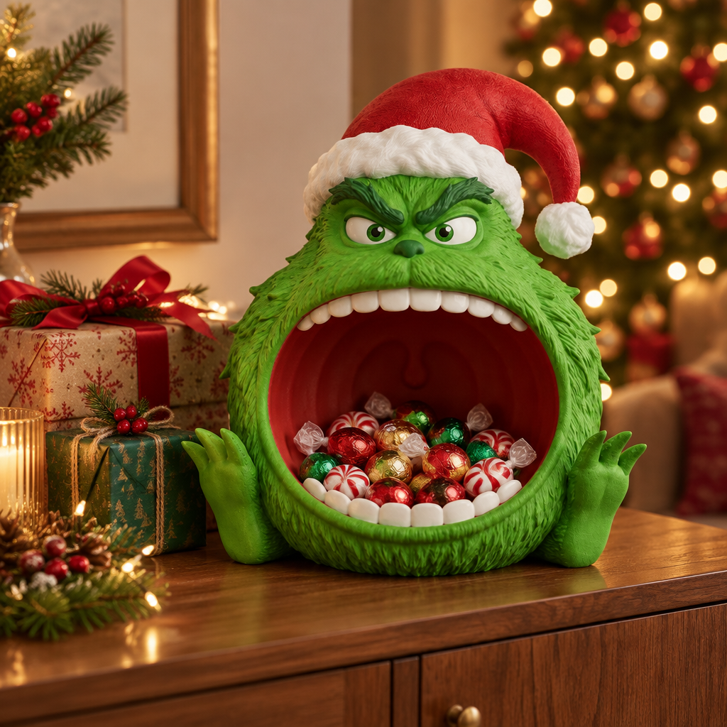 Christmas sweet bowl beside wrapped gifts on a living-room sideboard