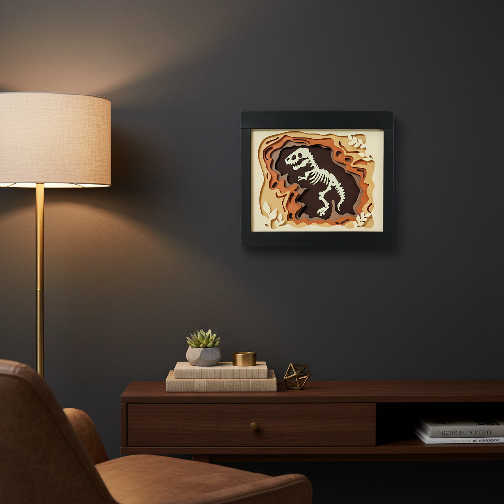 Dinosaur Shadow Box displayed on dark feature wall in stylish study with warm ambient lighting