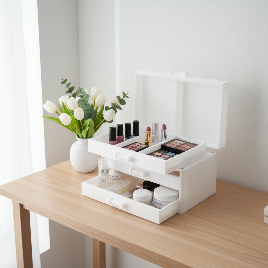 Make-up Organizer with drawers open on a bright minimalist Scandinavian vanity table with natural light and flowers