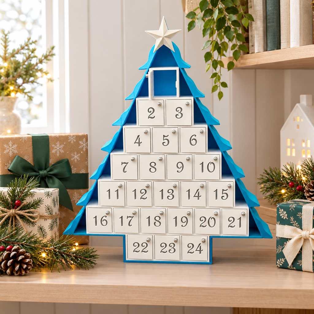 Christmas tree advent calendar displayed beside wrapped gifts and pine sprigs
