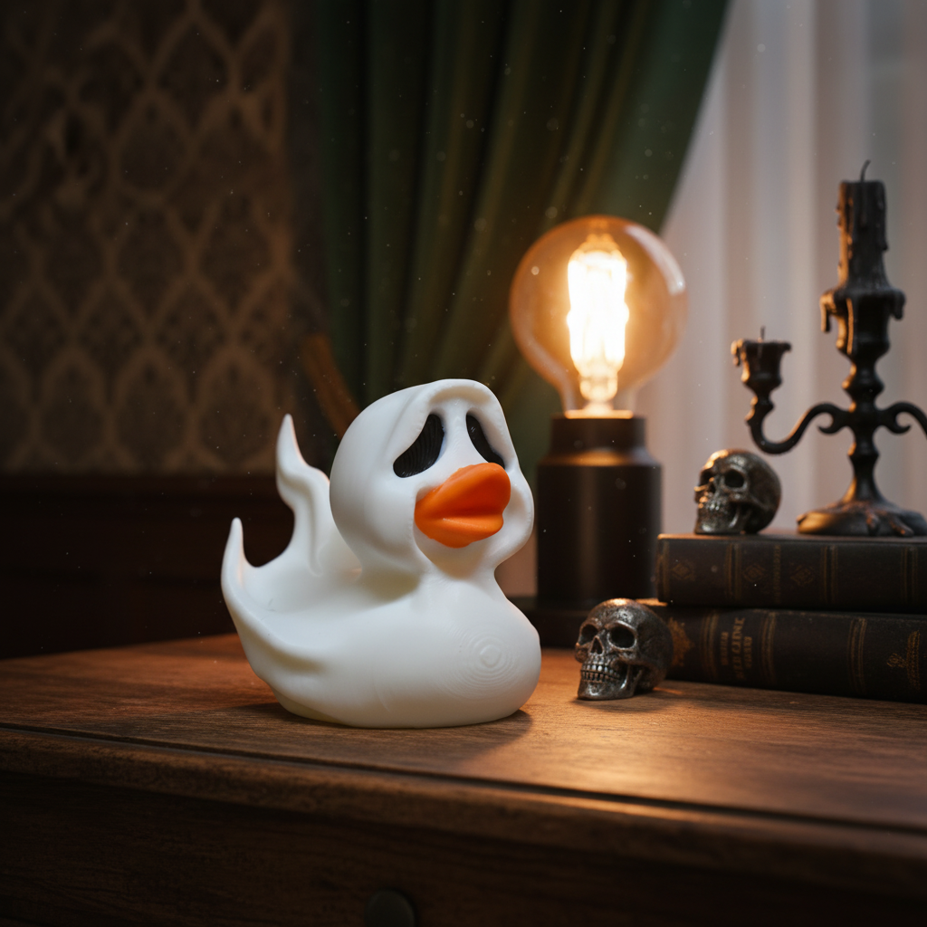 White Halloween ghost duck sculpture on a cosy desk
