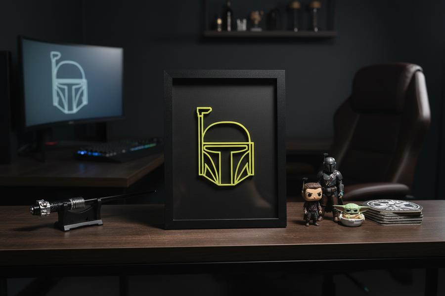 Boba Fett Neon Line Art shadow box on a dark wooden shelf in a moody cinematic gaming room with yellow-green finish
