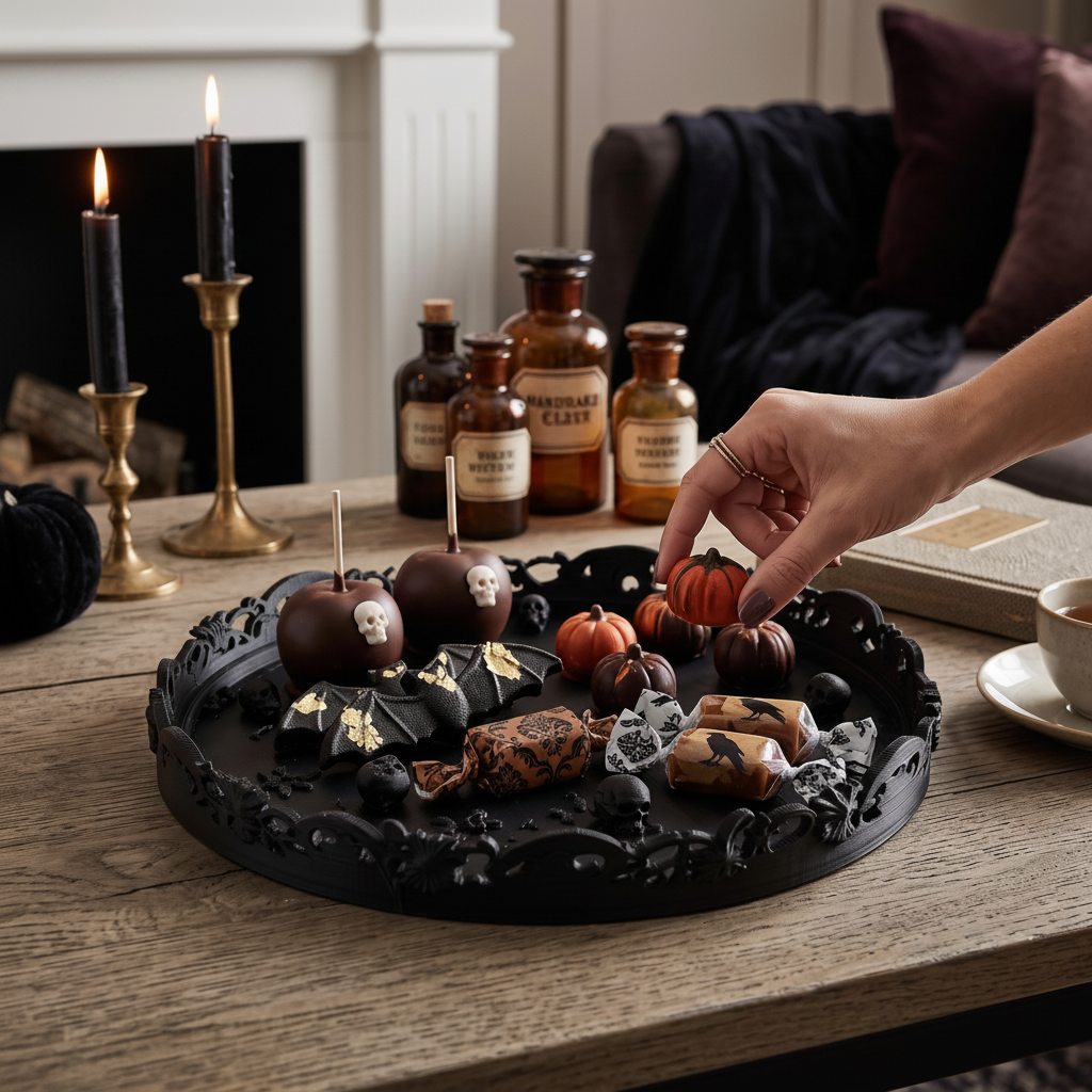 Ornate Skull Decorative Tray in black — Halloween sweets and chocolate pumpkins, apothecary bottles in background, candlelit