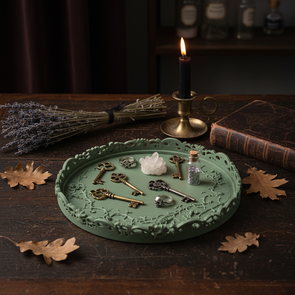 Ornate Skull Decorative Tray in green — keys and trinkets on dark desk with dried botanicals and candle, witchy gothic aesthetic