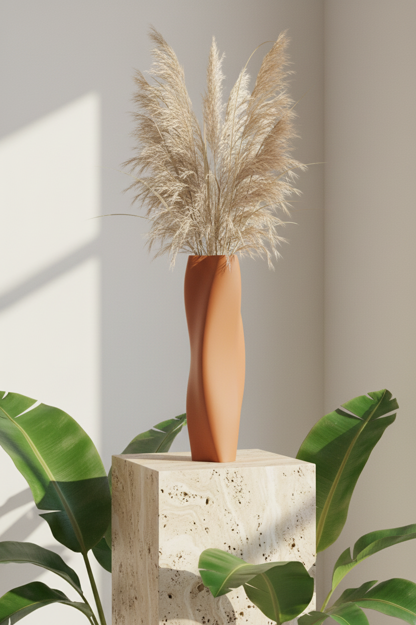 Terracotta twist vase with dried grasses on travertine plinth - lifestyle