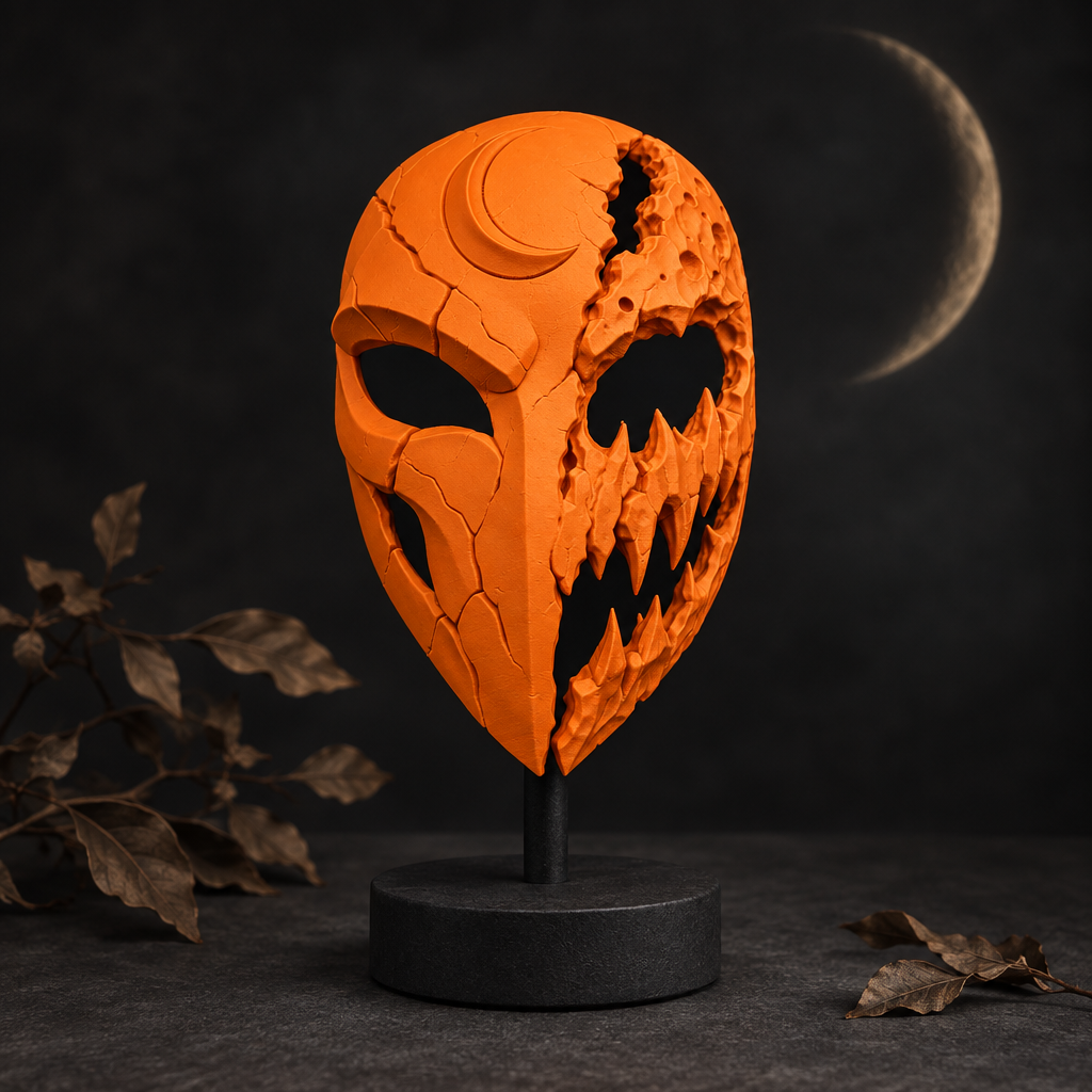 Orange Mooneater Mask in an autumn display, strap not included.