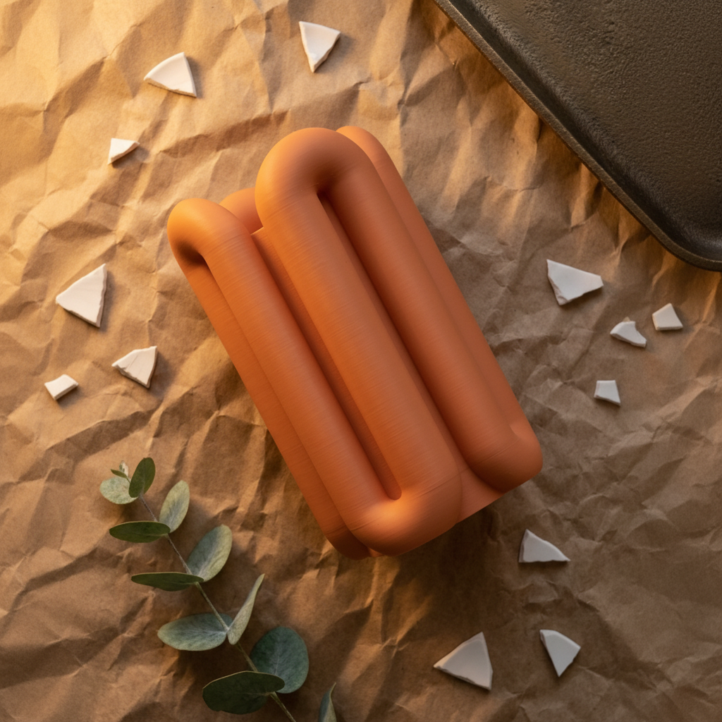 Terracotta orange Wibble vase flat lay on kraft paper with eucalyptus and ceramic shards warm editorial