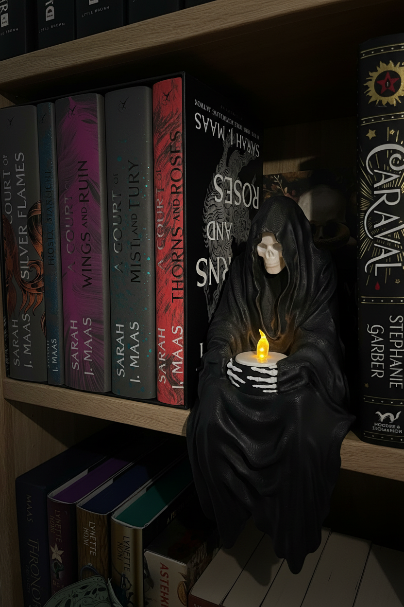 Grim Reaper shelf sitter figurine black matte hooded skull face flowing dark robes skeletal hands holding glowing candle gothic library shelf antique leather hardcover books single candle raking side light long shadows eerie atmospheric portrait