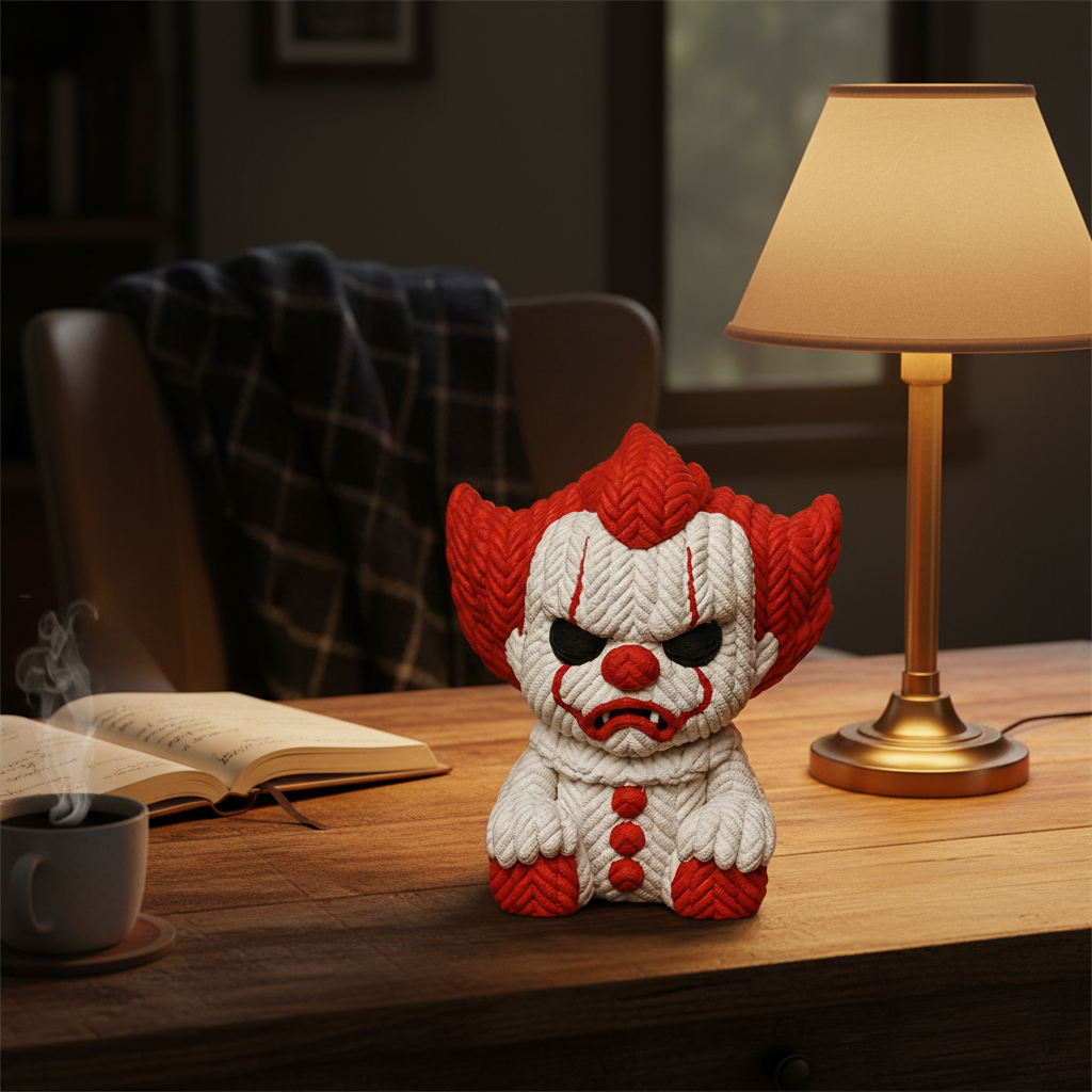 Red and white knitted-texture clown sculpture on a writing desk