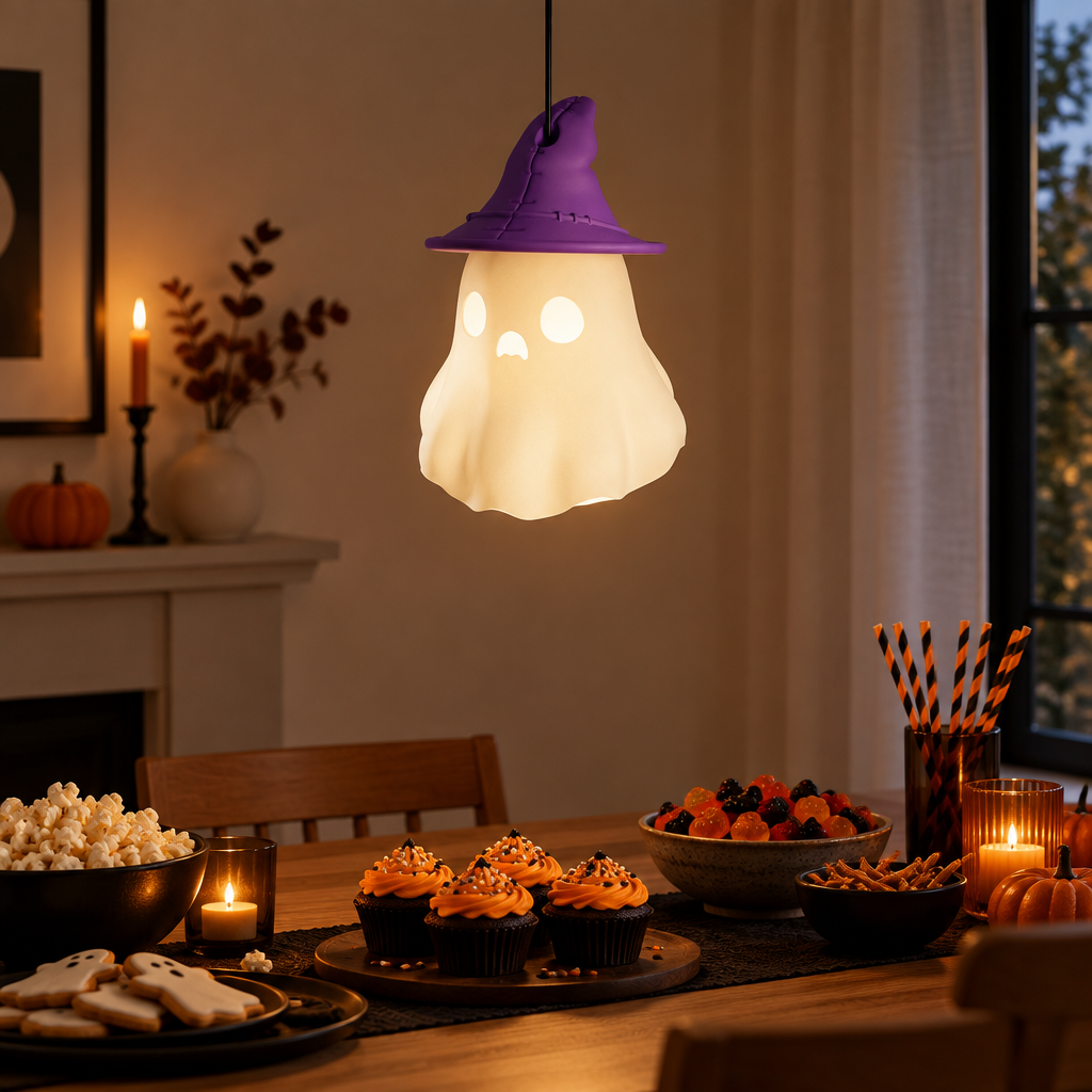 Ghost lamp over a Halloween party table