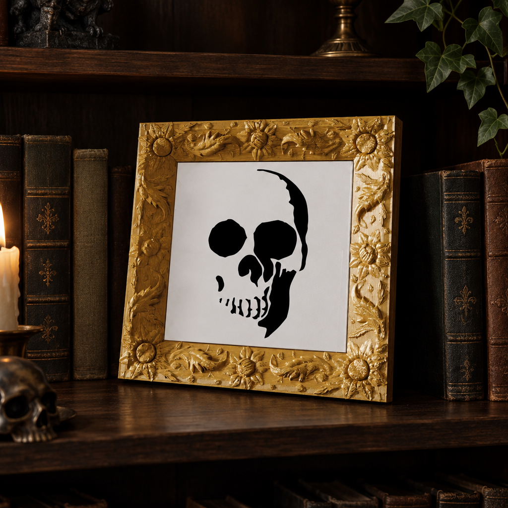 Picture Skull styled among books in a gothic reading nook