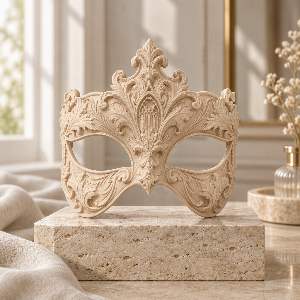 Beige Baroque masquerade mask in a refined neutral dressing room, no strap included