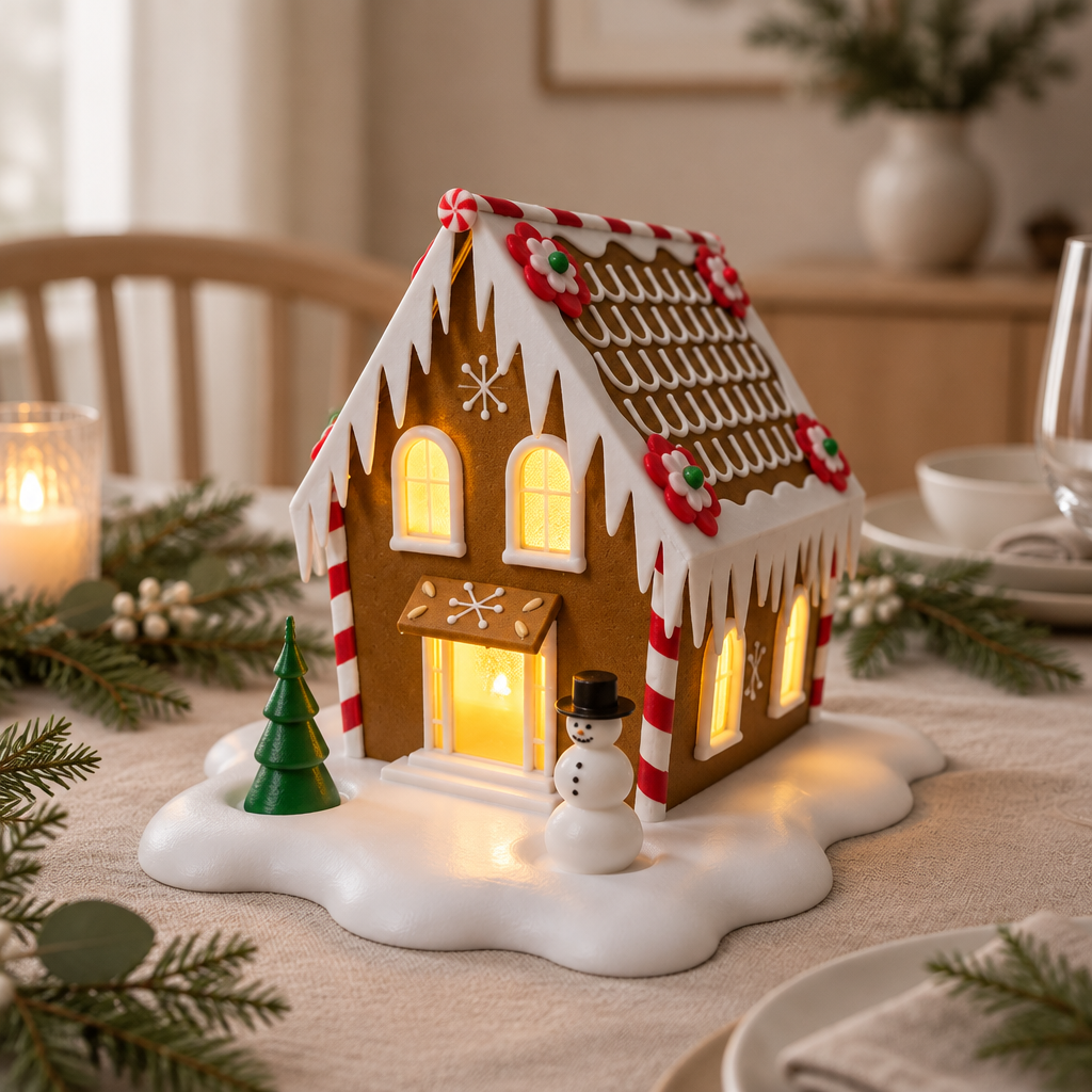 Snowy gingerbread cabin tealight holder as a festive dining table centrepiece