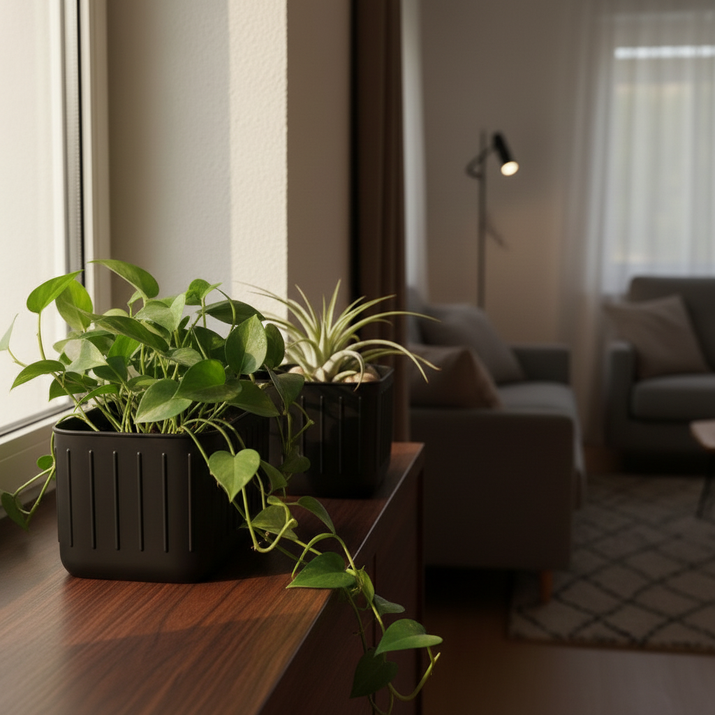 Matte black Scandinavian ribbed pot pair on dark walnut sideboard with trailing pothos